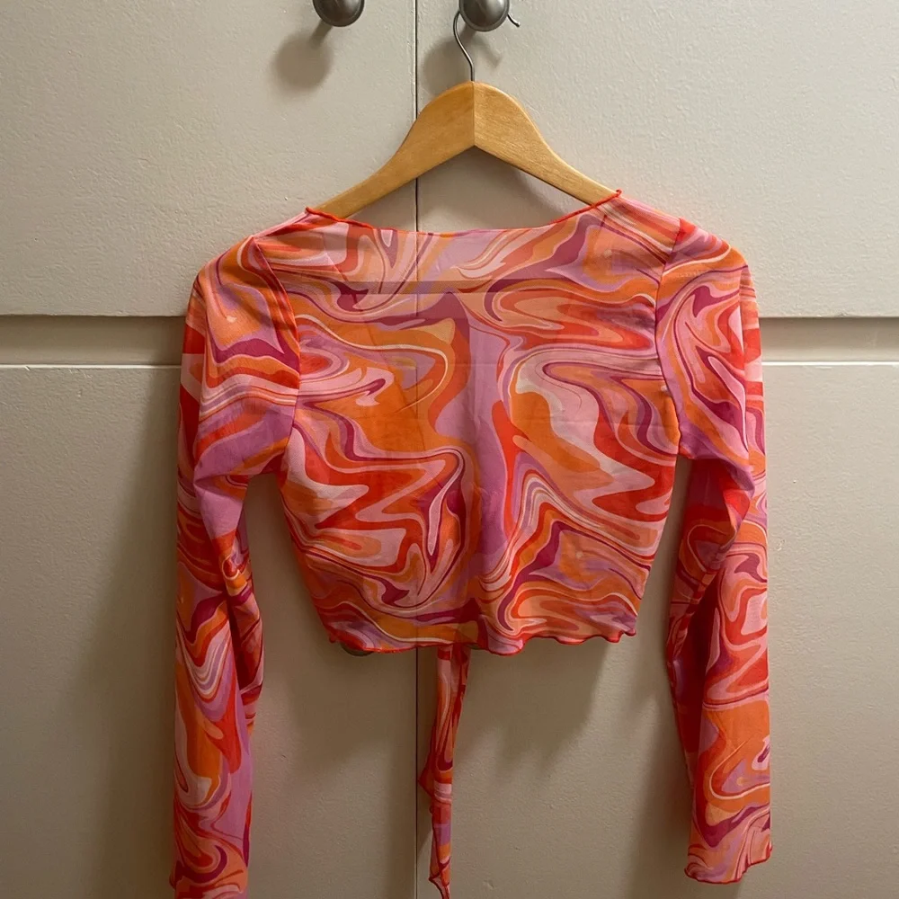 Long Sleeve Orange and Pink Swirl Mesh Top (Size Small) - Picture 2 of 4